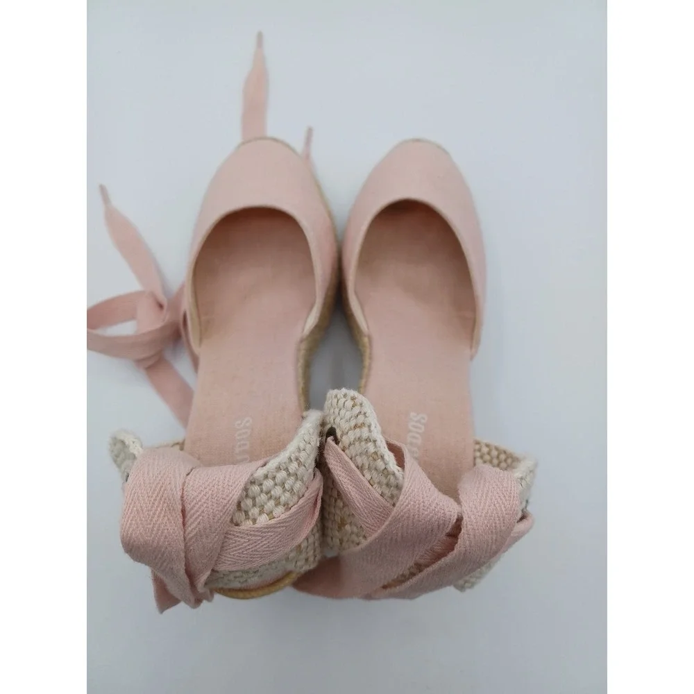 Soludos The Marseille Lace Up Wedge Espadrille PINK Ribbon Women's 5.5 Jute Heel